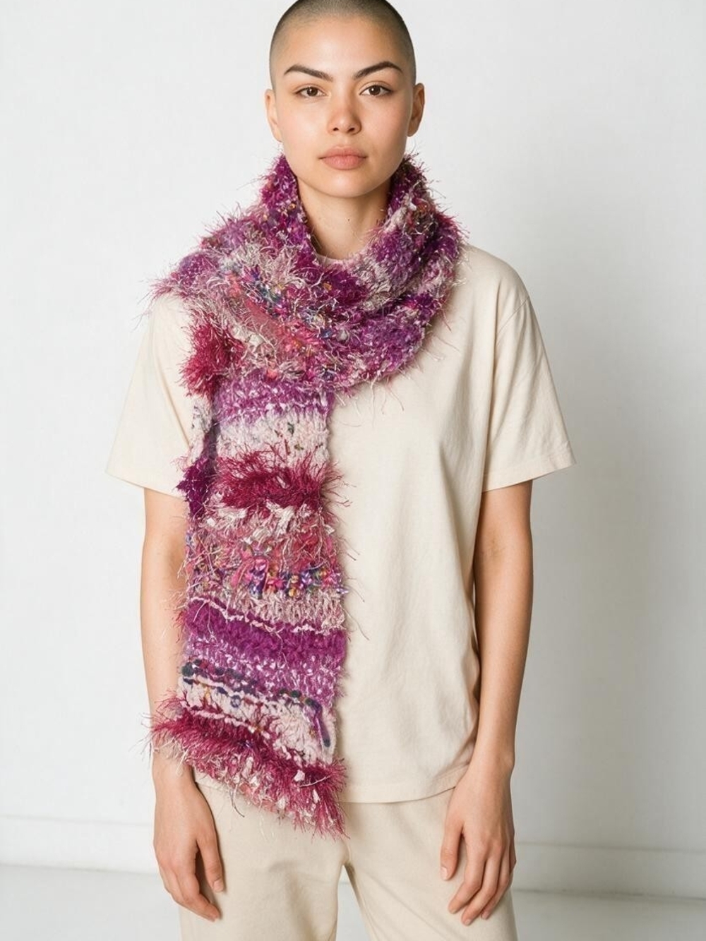 Fuzzy Mixed-Purple Knit Scarf - Women Accessories